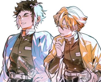 2boys agatsuma_zenitsu belt black_hair black_jacket black_pants blonde_hair blue_haori closed_eyes demon_slayer_uniform grin haori high_collar highres ikaooi1 jacket japanese_clothes kaigaku kimetsu_no_yaiba laughing male_focus multiple_boys open_mouth pants short_hair simple_background smile spiked_hair teeth triangle_print upper_body white_background white_belt yellow_haori