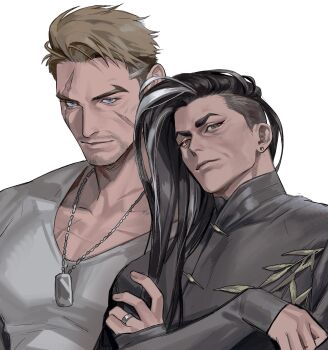 2boys aged_up black_hair blonde_hair blue_eyes chinese_clothes closed_mouth collarbone commentary crew_neck dog_tags earrings facial_scar forked_eyebrows grey_hair grey_shirt hashtag-only_commentary highres jamie_siu jewelry long_hair long_sleeves looking_at_viewer luke_sullivan male_focus mandarin_collar mature_male multicolored_hair multiple_boys nonnon9977 ring scar scar_on_cheek scar_on_face shirt short_hair simple_background streaked_hair street_fighter street_fighter_6 stud_earrings undercut upper_body very_long_hair white_background