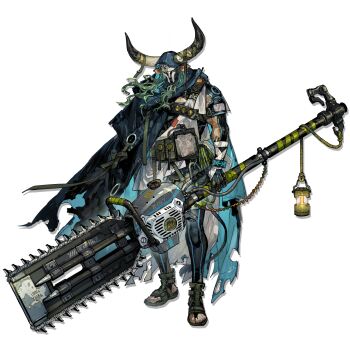 1boy akagishi_k ancient_greek_clothes animal_ears arknights arm_strap bandaged_arm bandages belt belt_pouch black_bodysuit black_gloves blue_cape bodysuit broken_horn cape chainsaw chiton cow_boy cow_ears cow_horns cow_tail faceplate full_body gloves greco-roman_clothes green_belt green_eyes green_hair green_rope green_sandals highres holding holding_weapon hood hooded_cape horn_belt horns huge_weapon infection_monitor_(arknights) lantern long_hair looking_at_viewer map material_growth muscular muscular_male official_art oripathy_lesion_(arknights) pouch rope sandals simple_background skin_tight solo standing tachi-e tail third-party_source torn_cape torn_clothes transparent_background varkaris_(arknights) walkie-talkie weapon