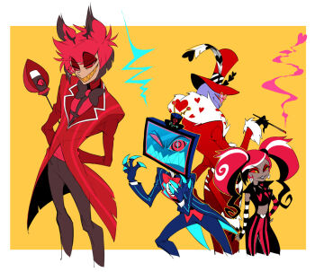 Rule 34 | 1girl, 3boys, alastor (hazbin hotel), black bow, black bowtie, black coat, bow, bowtie, cigarette holder, coat, colored sclera, colored teeth, cropped legs, earrings, fingernails, fur-trimmed coat, fur trim, hat, hazbin hotel, heart, heart-shaped eyewear, hellaverse, holding, holding behind back, holding microphone stand, jacket, jewelry, kotobuki toro, microphone stand, monocle, multiple boys, object head, pimp, rabbit ears antenna, red-tinted eyewear, red coat, red hair, red headwear, red jacket, red sclera, sharp fingernails, sharp teeth, short hair, skull earrings, smoke, smoke trail, striped sleeves, teeth, television, tinted eyewear, top hat, twintails, valentino (hazbin hotel), velvette (hazbin hotel), vox (hazbin hotel), yellow eyes, yellow teeth