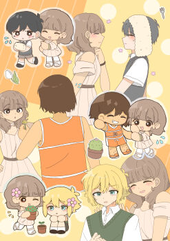 1girl 3boys absurdres antenna_hair basil_(faraway)_(omori) basil_(omori) black_eyes black_hair black_shoes black_sweater_vest blonde_hair blue_eyes blunt_bangs blush bracelet bright_pupils brown_eyes brown_hair brown_shorts cactus chibi closed_eyes collared_shirt dandelion dark-skinned_female dark-skinned_male dark_skin double-parted_bangs ear_piercing flower flower_pot flying_sweatdrops green_sweater_vest grin hair_between_eyes hair_flower hair_ornament highres holding holding_flower_pot jewelry kel_(faraway)_(omori) kel_(omori) knees_up looking_at_another multiple_boys omori one_eye_closed open_mouth orange_shoes orange_shorts pantyhose parted_lips piercing plant polly_(omori) potted_plant shirt shoes short_hair short_sleeves shorts sitting smile sneakers sunny_(omori) sweat sweatdrop sweater_vest teeth towel towel_on_head tulip white_flower white_pantyhose white_pupils white_shirt white_tulip yuuabara