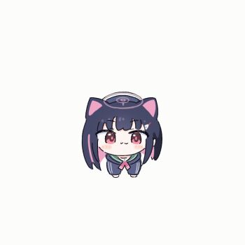 >_< 1girl :3 animal_ears animated animated_gif black_hair blue_archive blush_stickers cat_ears chibi closed_eyes commentary drawstring ear_wiggle green_sailor_collar hair_ornament hairclip halo hood hooded_jacket incoming_hug jacket kazusa_(blue_archive) long_sleeves looking_at_viewer multicolored_hair no_nose no_shoes open_mouth pink_hair pink_halo puffy_long_sleeves puffy_sleeves red_eyes sailor_collar solo streaked_hair umihio v-shaped_eyebrows