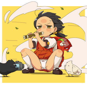 1girl absurdres animal animalmaster backpack bag bird black_hair blush border brown_footwear camera commentary_request crow dress floating_hair flute forehead hair_bobbles hair_ornament highres holding holding_flute holding_instrument instrument kaai_yuki kyoufuu_all_back_(vocaloid) leaf loli motion_lines music panties pantyshot pinafore_dress playing_instrument pleated_skirt randoseru recorder red_bag red_dress red_skirt shirt short_twintails skirt sleeveless sleeveless_dress socks spread_legs squatting sweatdrop taking_picture twintails underwear v-shaped_eyebrows vocaloid white_border white_shirt white_socks wind wind_lift x_anus yellow_background yellow_eyes