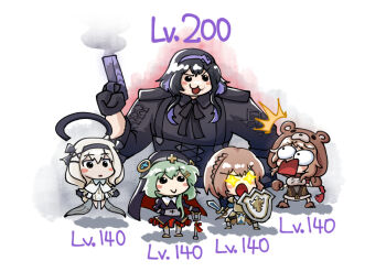 5girls :3 :o animal_costume animal_hood armor aura bear_costume bear_hood black_dress black_eyes black_hair black_shirt blush brown_gloves cane catherine_(eversoul) chibi claire_(eversoul) commentary dora_(eversoul) dress english_commentary eversoul full_armor gloves green_hair gun habit halo holding holding_cane holding_gun holding_shield holding_sword holding_weapon hood level_difference light_brown_hair linzy_(eversoul) mechanical_halo meme mephistopheles_(eversoul) multiple_girls nun open_mouth phsueh shield shirt smile smoke smoke_trail sparkling_eyes surprised sword upper_body weapon white_background white_dress white_hair wide-eyed