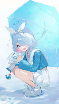 Rule 34 | 1girl, absurdres, aqua shirt, aqua umbrella, arona (blue archive), bare legs, blue archive, blue hair, blush, braid, colored inner hair, commentary request, cropped shirt, envelope, hair over one eye, hairband, halo, highres, holding, holding envelope, holding umbrella, jianjia, looking at viewer, midriff peek, multicolored hair, partial commentary, pink hair, pleated skirt, sailor collar, school uniform, serafuku, shirt, shoes, short hair, single braid, skirt, smile, sneakers, solo, sparkle, squatting, two-tone hair, umbrella, white hairband, white sailor collar, white shoes, white skirt