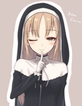 1girl black_dress blonde_hair blush character_name dress finger_to_mouth gloves grey_background herumu_(kouzome_mia) looking_at_viewer nijisanji one_eye_closed outline sister_claire sister_claire_(1st_costume) smile solo virtual_youtuber white_gloves white_outline yellow_eyes