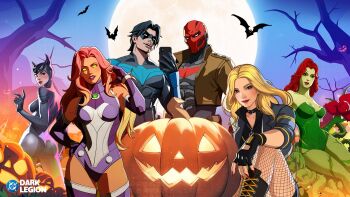 bat_signal batman_(series) batman_symbol black_bodysuit black_canary black_gloves bodysuit catwoman dc:_dark_legion dc_comics dick_grayson dinah_lance domino_mask eye_mask full_body gloves grey_bodysuit highres jacket jason_todd mask multicolored_bodysuit muscular muscular_male nightwing official_art open_clothes pants pectorals poison_ivy pumpkin red_hood_(dc) red_mask selina_kyle short_hair starfire superhero_costume tamaranean taut_bodysuit two-tone_bodysuit