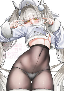 1girl absurdres bibie307 blanc_(fortune_express)_(nikke) blanc_(nikke) boots breasts coat covered_navel cowboy_shot crotch_seam fur-trimmed_boots fur-trimmed_sleeves fur_trim goddess_of_victory:_nikke high-waist_pantyhose highres long_hair looking_at_viewer medium_breasts official_alternate_costume official_alternate_hairstyle panties panties_under_pantyhose pantyhose see-through_pantyhose solo thigh_gap thighs twintails underboob underwear very_long_hair white_background white_boots white_hair winter_clothes winter_coat yellow_eyes