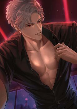 1boy abs absurdres black_pants black_shirt debbie_(debbielu9972) grey_hair highres looking_at_viewer love_and_deepspace male_focus muscular muscular_male open_clothes open_shirt pants pov red_eyes shirt short_hair smile solo sylus_(love_and_deepspace) teeth