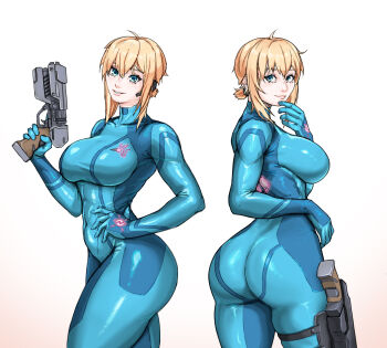 Rule 34 | 1girl, ass, blonde hair, blue bodysuit, blue eyes, bodysuit, breasts, cosplay, covered navel, doni zefironi, earpiece, from behind, goddess of victory: nikke, green visor, hair between eyes, highres, impossible bodysuit, impossible clothes, large breasts, looking at viewer, maxwell (nikke), metroid, nintendo, samus aran, samus aran (cosplay), shiny clothes, short hair, sidelocks, skin tight, smile, taut bodysuit, white background, zero suit