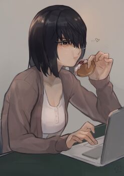 1girl :t absurdres black_hair computer drinking eating female_focus food glasses highres holding holding_food judge_eyes laptop ryuu_ga_gotoku_(series) shirosaki_saori short_hair simple_background solo uedrk_yamato