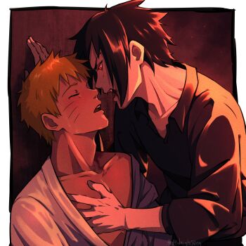 Rule 34 | 2boys, adam's apple, artist name, black hair, black shirt, blonde hair, border, commentary, english commentary, facial mark, from side, hands on another's chest, highres, looking at another, male focus, multiple boys, naruto (series), open mouth, outside border, red eyes, sharingan, shirt, short hair, themidnights0ng, uchiha sasuke, uzumaki naruto, whisker markings, white border, yaoi