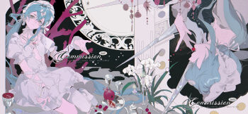 1girl absurdres asymmetrical_legwear bandages blue_hair candle cherry closed_mouth commission cup dress flower food fruit hai_yexing_ren hair_between_eyes hair_ornament headdress highres jewelry long_hair looking_afar mihuashi_commission mismatched_legwear multiple_views necklace original pomegranate profile sidelocks sitting watermark white_dress white_flower white_headdress