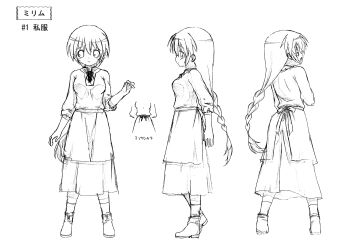 10s 1girl absurdres ass braid breasts casual reference_sheet dress female_focus full_body highres long_hair mirim monochrome official_art queen&#039;s_blade queen&#039;s_blade_rebellion simple_background single_braid solo thighhighs very_long_hair white_background