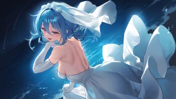 1girl absurdres arahashi_tabi back backless_dress backless_outfit bare_back bare_shoulders blue_eyes blue_hair breasts bridal_veil chano39 commentary dress dutch_angle elbow_gloves flower from_behind gloves hair_between_eyes highres long_hair looking_at_viewer looking_back low_ponytail median_furrow medium_breasts night open_mouth outdoors ponytail shooting_star smile solo stellive strapless strapless_dress veil virtual_youtuber wedding_dress white_dress white_flower white_gloves