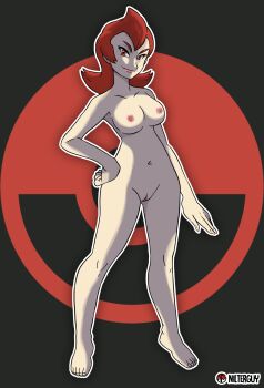1girl absurdres ahoge ariana_(pokemon) arm_at_side armpits artist_name barefoot breasts cleft_of_venus clenched_hand collarbone completely_nude earrings_removed evil_smile eyelashes feet female_focus fingernails full_body groin hand_on_own_hip highres large_breasts legs lips looking_at_viewer matching_hair/eyes mature_female medium_hair navel neck nilterguy nintendo nipples nude nude_filter official_art_nude_filter poke_ball_symbol pokemon pokemon_hgss pussy red_eyes red_hair sidelocks smile standing team_rocket thighs third-party_edit tiptoes toenails toes two-tone_background unworn_clothes v-shaped_eyebrows
