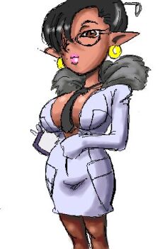 1girl black_hair breasts brown_eyes capcom cleavage clipboard curvy dark-skinned_female dark_skin earrings fur_collar glasses hair_over_one_eye hair_up hoop_earrings jacket jewelry large_breasts necktie oekaki open_clothes open_jacket pointy_ears shiny_skin sprocket_(viewtiful_joe) thick_lips viewtiful_joe