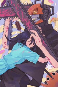 1boy 1girl absurdres black_hair blood blood_on_hands blue_dress braid chainsaw_man closed_eyes closed_mouth creature dakaeya denji_(chainsaw_man) donut dress food furrowed_brow hair_between_eyes highres hug ice_cream_bar long_hair nayuta_(chainsaw_man) pizza pochita_(chainsaw_man) puffy_short_sleeves puffy_sleeves sharp_teeth short_sleeves side_braid smile sparkle star_(symbol) teeth upper_body
