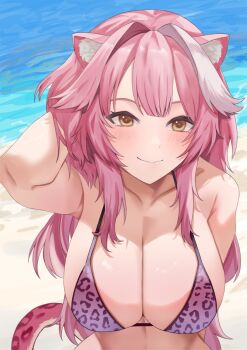1girl animal_ear_fluff animal_ears arm_behind_head beach bikini breasts brown_eyes cleavage closed_mouth collarbone highres hololive hololive_english large_breasts leopard_print leopard_print_bikini long_hair ocean panther_ears panther_girl panther_print panther_tail pink_bikini pink_hair print_bikini raora_panthera si_farid smile solo swimsuit tail upper_body virtual_youtuber white_hair