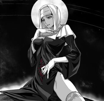 1girl black_dress buddhist_nun dress fate/grand_order fate_(series) gold_necklace gyogyo_hjj highres jewelry necklace nun partially_colored portal_(object) sessyoin_kiara solo yellow_eyes