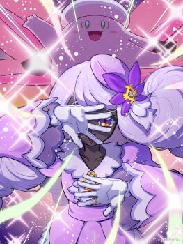 1girl :d absurdres aruke_(gter7727) clefable collarbone commentary_request dark-skinned_female dark_skin dress gen_1_pokemon gloves hands_up hat highres jacinthe_(pokemon) jewelry long_sleeves mega_clefable nintendo open_mouth peeking_through_fingers pokemon pokemon_(creature) pokemon_legends:_z-a purple_dress purple_hat ring smile sparkle spread_fingers tilted_headwear white_gloves