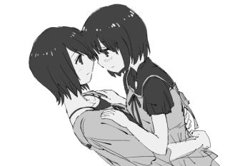 2girls above-cleavage_cutout amakura_mayu amakura_mio blush bob_cut camisole camisole_over_clothes closed_mouth clothing_cutout commentary eye_contact face-to-face fatal_frame fatal_frame_ii:_crimson_butterfly from_side greyscale hands_on_another's_chest hands_up hug incest light_smile looking_at_another monochrome multiple_girls profile ribbon shirt short_hair short_sleeves siblings simple_background sisters standing three-quarter_sleeves twincest twins untranslatable_commentary upper_body white_background yunagix yuri