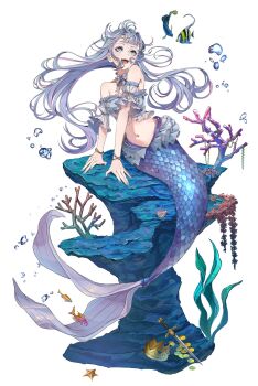 1girl bandeau bare_shoulders blue_bandeau blue_eyes blue_hair blue_nails blue_scales blue_tail blunt_bangs bracelet breasts clam coin commentary coral crown dagger detached_collar detached_sleeves fish frills highres jewelry knife long_hair long_sidelocks looking_up medium_breasts merfolk mermaid monster_girl moorish_idol nail_polish navel necklace on_rock open_mouth original puffy_detached_sleeves puffy_sleeves ramika_(ramika0606) regal_blue_tang ring seaweed shell sidelocks simple_background sitting snail_shell solo starfish teeth tropical_fish underwater upper_teeth_only weapon white_background