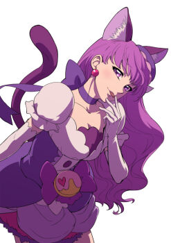 10s 1girl :p animal_ears cat_ears cat_tail choker collarbone cure_macaron earrings elbow_gloves female_focus food-themed_hair_ornament gloves hair_ornament jewelry kirakira_precure_a_la_mode kotozume_yukari long_hair looking_at_viewer macaron_hair_ornament magical_girl precure purple_choker purple_hair simple_background solo tail tongue tongue_out uyoshi white_background white_gloves