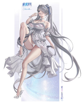 1girl absurdres artist_name blue_bow blue_eyes bow breasts character_name cinderella_(glass_princess)_(nikke) cinderella_(nikke) cleavage collar copyright_logo corset crown dress frills full_body goddess_of_victory:_nikke grey_dress grey_hair hair_bow hair_ornament hair_over_one_eye hand_to_own_mouth high_heels highres invisible_chair knee_up large_breasts logo long_hair looking_at_viewer memenmori mini_crown neck_ribbon panties ribbon signature sitting solo twintails underwear very_long_hair white_background white_panties