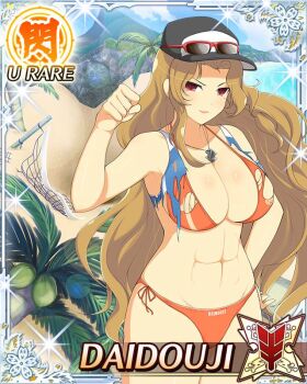 Rule 34 | 1girl, abs, arm up, armband, barefoot, baseball cap, beach volleyball, bikini, blonde hair, border, breasts, card (medium), character name, cleavage, daidouji (senran kagura), eyewear on head, game cg, hand on own hip, hat, jewelry, large breasts, layered bikini, long hair, looking at viewer, mole, mole under eye, muscular, muscular female, navel, necklace, official art, orange bikini, parted bangs, red armband, red eyes, senran kagura, senran kagura new wave, side-tie bikini bottom, smile, solo, sunglasses, swimsuit, torn bikini, torn clothes, volleyball net, wavy mouth