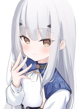 1girl absurdres blue_dress blush breasts brown_eyes closed_mouth commentary_request dress fate/grand_order fate_(series) grey_hair hand_to_own_mouth hand_up highres long_hair long_sleeves melusine_(fate) puffy_long_sleeves puffy_sleeves riya_(01214) shirt simple_background small_breasts solo upper_body white_background white_shirt