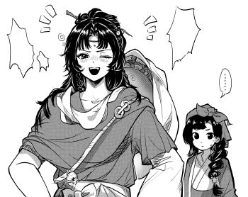 Rule 34 | ..., 2girls, ;d, absurdres, blank speech bubble, chinese clothes, chinese commentary, closed mouth, commentary request, dengdengdengdengdeng, facial mark, forehead mark, greyscale, hair branch, hanfu, hat on back, headscarf, highres, long braid, long hair, looking at another, mayfly (reverse:1999), mole, mole above eye, monochrome, multiple girls, notice lines, one eye closed, open mouth, paper heron, reverse:1999, smile, speech bubble, spoken ellipsis, sweat, teeth, upper body, upper teeth only, weimao, white background