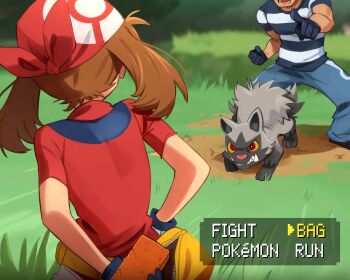 1boy 1girl absurdres arched_back arm_behind_back bandana black_gloves black_shirt blue_gloves blue_pants bowlegged_pose brick brown_hair cheating_(competitive) clenched_hand collared_shirt day dialogue_options faceless faceless_male facing_away fanny_pack foliage from_behind gameplay_mechanics gen_3_pokemon gloves grass growling head_out_of_frame highres holding improvised_weapon index_finger_raised khyle. may_(pokemon) nintendo outdoors pants pointing pointing_at_another pokemon pokemon_rse poochyena red_bandana red_shirt revision shirt short_sleeves striped_clothes striped_shirt t-shirt team_aqua_grunt two-tone_shirt upper_body v-shaped_eyes white_shirt yellow_bag