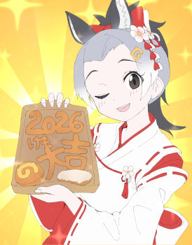 1girl absurdres animal_ears black_eyes commentary_request donkey_(kemono_friends) donkey_ears donkey_girl extra_ears food gold_background grey_hair hair_ornament highres japanese_clothes japari_bun japari_symbol kemono_friends long_hair looking_at_viewer lowlandgorilla miko one_eye_closed ponytail simple_background solo star_(symbol) upper_body