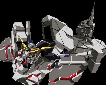 Rule 34 | 1980s (style), 1990s (style), absurdres, alternate form, commentary request, dual persona, faux retro artstyle, glint, green eyes, gundam, gundam unicorn, highres, kds (0049), mecha, mecha focus, mobile suit, no humans, nt-d, oldschool, retro artstyle, robot, science fiction, space, unicorn gundam, v-fin