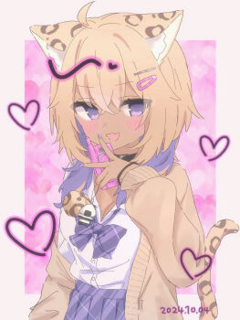 1girl ahoge alternate_hair_color animal_ear_fluff animal_ears animal_print blonde_hair blush border breasts cat_ears cat_girl cat_tail cellphone cellphone_charm charm_(object) cleavage dark-skinned_female dark_skin dated flip_phone gyaru highres holding holding_phone hololive kogal leopard_print looking_at_viewer medium_breasts medium_hair multicolored_hair nekomata_okayu nekomogu_(ch0_s2) ogyayu_(nekomata_okayu) phone pink_background purple_eyes purple_hair school_uniform simple_background smile solo tail tan upper_body virtual_youtuber white_border