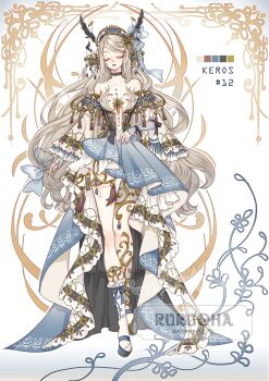 1girl adoptable animated animated_gif ankle_socks antlers asymmetrical_legwear asymmetrical_skirt bare_shoulders black_bow black_corset blonde_hair blue_eyes blue_footwear blue_ribbon blue_skirt blue_sleeves border bow bow_legwear breasts buttons center_opening reference_sheet closed_eyes closed_mouth color_guide commentary corset detached_sleeves deviantart_username english_commentary expressionless eyeshadow frilled_skirt frilled_sleeves frilled_socks frills full_body geta hair_ribbon highres horns lantern layered_sleeves lipstick long_hair long_skirt makeup medium_breasts opening_eyes original ornate_border red_eyeshadow red_lips ribbon rurucha skirt skirt_hold sleeves_past_wrists socks solo very_long_hair water_drop watermark white_background white_sleeves white_socks wide_sleeves wrist_bow