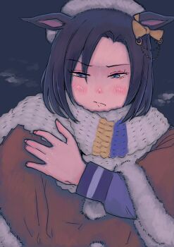 1girl air_groove_(umamusume) animal_ears black_hair blue_eyes blush bow brown_coat coat commentary ear_bow ears_down fur_coat grey_background highres horse_ears horse_girl long_sleeves scarf short_hair solo symbol-only_commentary umamusume upper_body vent_arbre white_scarf yellow_bow