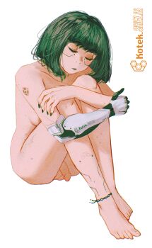 1futa absurdres ankleband bob_cut body_freckles breasts closed_eyes closed_mouth english_text flaccid freckles futanari green_lips green_nails head_tilt highres hugging_own_legs mechanical_arms medium_breasts nail_polish nude original penis sideboob single_mechanical_arm sitting small_penis solo spindle_(aidenr0) testicles white_background