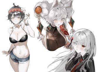 3girls breasts large_breasts looking_at_viewer maruma_gozu multiple_girls plump simple_background swimsuit tagme translation_request white_background