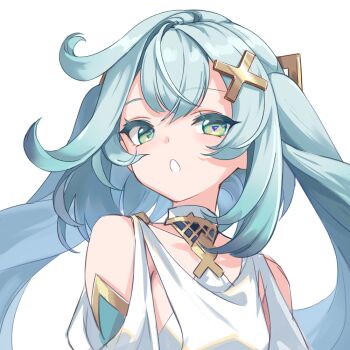 1girl aqua_hair bare_shoulders commentary_request cowlick dress faruzan_(genshin_impact) genshin_impact green_eyes h2so4 hair_ornament long_hair looking_at_viewer solo symbol-shaped_pupils teeth triangle-shaped_pupils twintails upper_body white_background white_dress x_hair_ornament