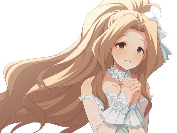 Rule 34 | 1girl, bare shoulders, bow, brown hair, collarbone, commentary request, dress, floating hair, flower, forehead, green eyes, hat, hat bow, high ponytail, idolmaster, idolmaster million live!, interlocked fingers, long hair, looking at viewer, nikaido chizuru, own hands clasped, own hands together, parted bangs, ponytail, rose, simple background, smile, solo, tilted headwear, uccow, upper body, very long hair, white background, white bow, white dress, white flower, white hat, white rose