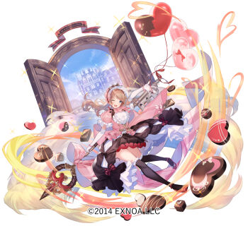 1girl balloon black_skirt black_thighhighs bow brown_hair building candy character_request chocolate chocolate_heart commentary_request copyright_notice elbow_gloves food frilled_thighhighs frills gloves heart heart-shaped_food heart_balloon holding one_eye_closed open_door open_mouth oshiro_project:re pekoo_(pekota) purple_eyes red_shoes shirt shoes skirt smile solo thighhighs valentine white_gloves white_shirt