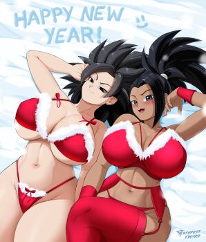 2girls breasts caulifla christmas dark-skinned_female dark_skin dragon_ball dragon_ball_super huge_breasts kale_(dragon_ball) multiple_girls