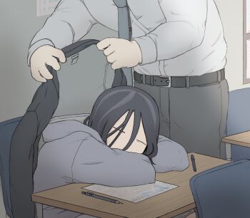 1boy 1girl angel_martinez belt classroom clinical_trial_(game) desk drawings dress_shirt homunculus100 hood hoodie jacket jacket_over_hoodie lee_smith paper pencil purple_hair purple_hoodie putting_on_jacket school_desk shirt sleeping sleeping_on_desk teacher_and_student unworn_jacket