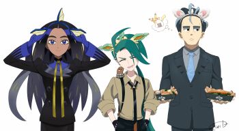 Rule 34 | 1boy, 2girls, absurdres, animal ears, dark-skinned female, dark skin, formal clothes, geeta (pokemon), highres, larry (pokemon), long hair, multicolored hair, multiple girls, nintendo, pokemon, pokemon (creature), pokemon sv, rika (pokemon), smile, stuffed toy, suit, tli eilt pk, tomboy, two-tone hair