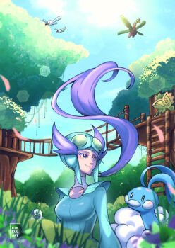 1girl absol altaria artist_name aviator_cap aviator_goggles blue_bodysuit blue_eyes blue_sky blush bodysuit closed_mouth commentary english_commentary floating_hair fortree_city gen_3_pokemon highres kecleon ladder long_hair long_sleeves looking_to_the_side nintendo pokemon pokemon_(creature) pokemon_oras ponytail purple_hair rinkuu_art sky smile tree treehouse tropius very_long_hair wingull winona_(pokemon) wooden_ladder