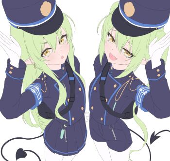 2girls black_hat blue_archive demon_tail fang green_hair hat highres hikari_(blue_archive) long_hair multiple_girls nozomi_(blue_archive) pantyhose ran_(gcrm8377) simple_background skin_fang smile tail twitter white_background white_pantyhose yellow_eyes