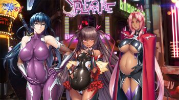 3girls absurdres alternate_costume aoi_nagisa_(metalder) black_leotard bodysuit breasts dark-skinned_female dark_skin highleg highleg_leotard highres huge_breasts igawa_asagi ingrid_(taimanin_asagi) kagami_hirotaka leotard long_hair looking_at_viewer mizuki_yukikaze multiple_girls official_alternate_costume pregnant purple_bodysuit shiny_skin taimanin_(series) taimanin_asagi taimanin_rpgx taimanin_yukikaze thong_leotard twintails two_side_up very_long_hair wide_hips