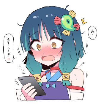 Rule 34 | 1girl, bare shoulders, blush, cellphone, commentary request, gradient hair, green hair, hair ornament, highres, himiya jouzu, holding, holding phone, japanese clothes, kimono, magatama, monster strike, multicolored hair, open mouth, phone, raised eyebrow, ribbon, smartphone, solo, sweat, unkempt, upper body, white background, yakumo (monster strike), yellow eyes